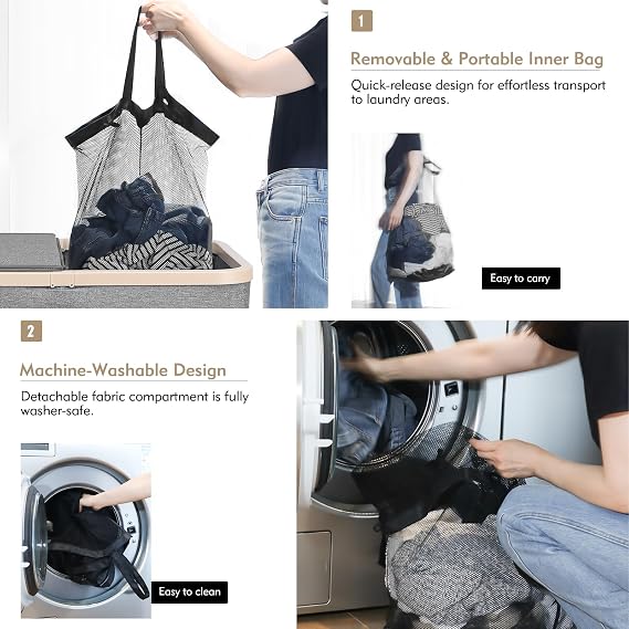 DOKEHOM 160L Double Laundry Basket Hamper with Lid & Removable Bags, Grey