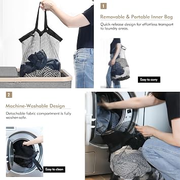 DOKEHOM 160L Double Laundry Basket Hamper with Lid & Removable Bags, Grey