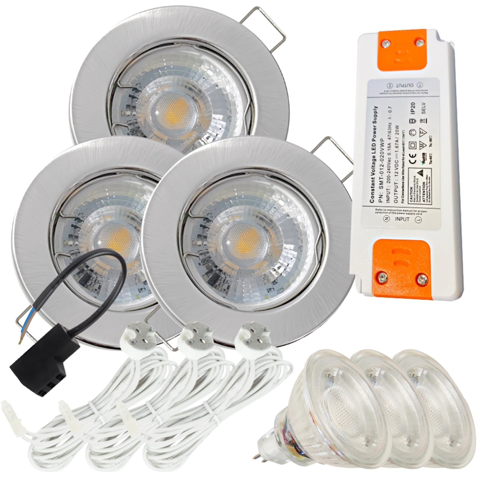 3er Set LED Einbaustrahler Tom 12V 5W - Rahmen in Edelstahl-Optik - 4000K Neutralweiß, 400 lm - mit Trafo, Verteiler und MR16-Fassungen inkl. 120 cm Kabel - Für den Austausch bestehender Halogenspots