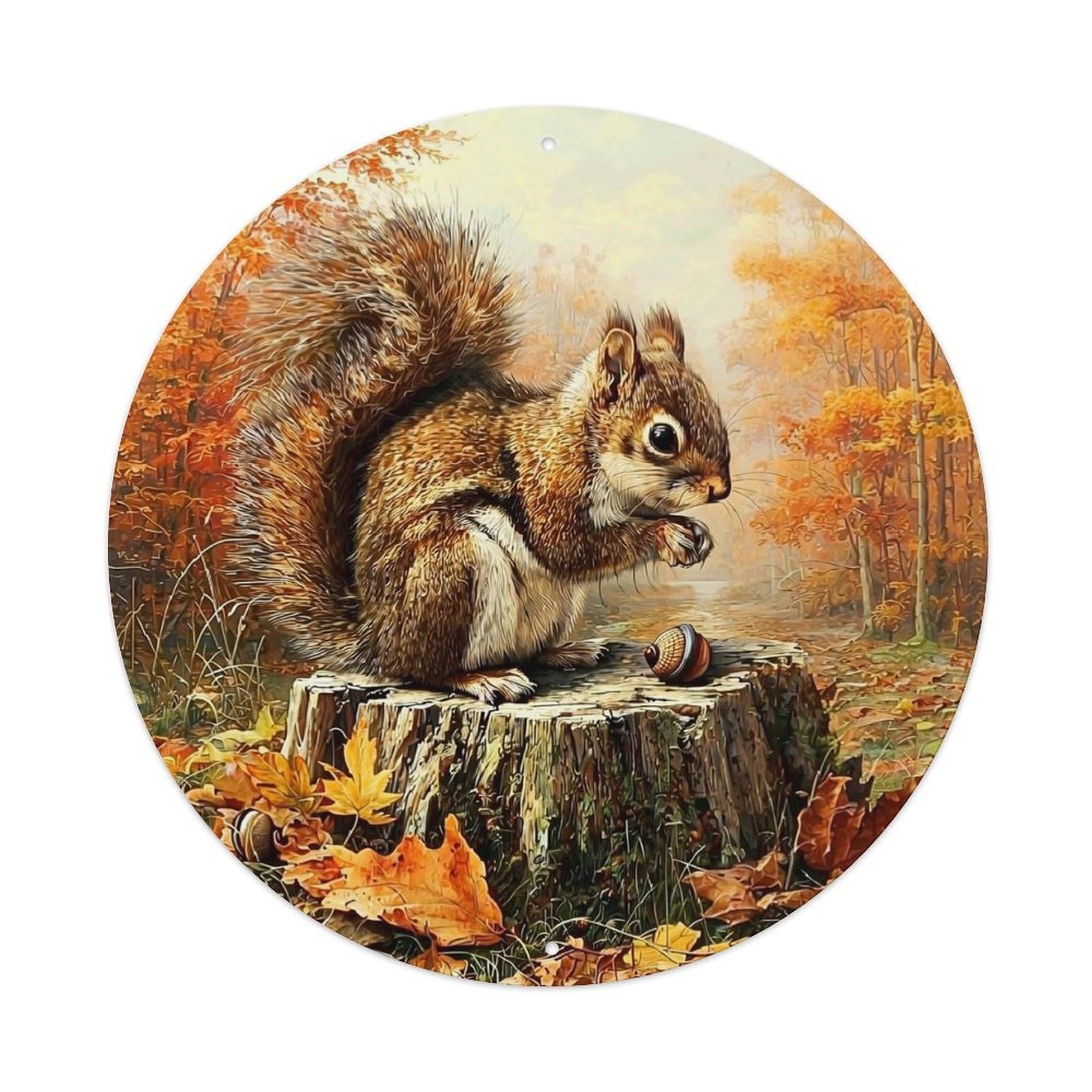 Squirrel On Stump Autumn Scene Retro Metal Tin Sign, Vintage Metal Poster for home, Gaming Room, Studio Workshop,Bar,Garage Wall Art Decor 8x8 inch