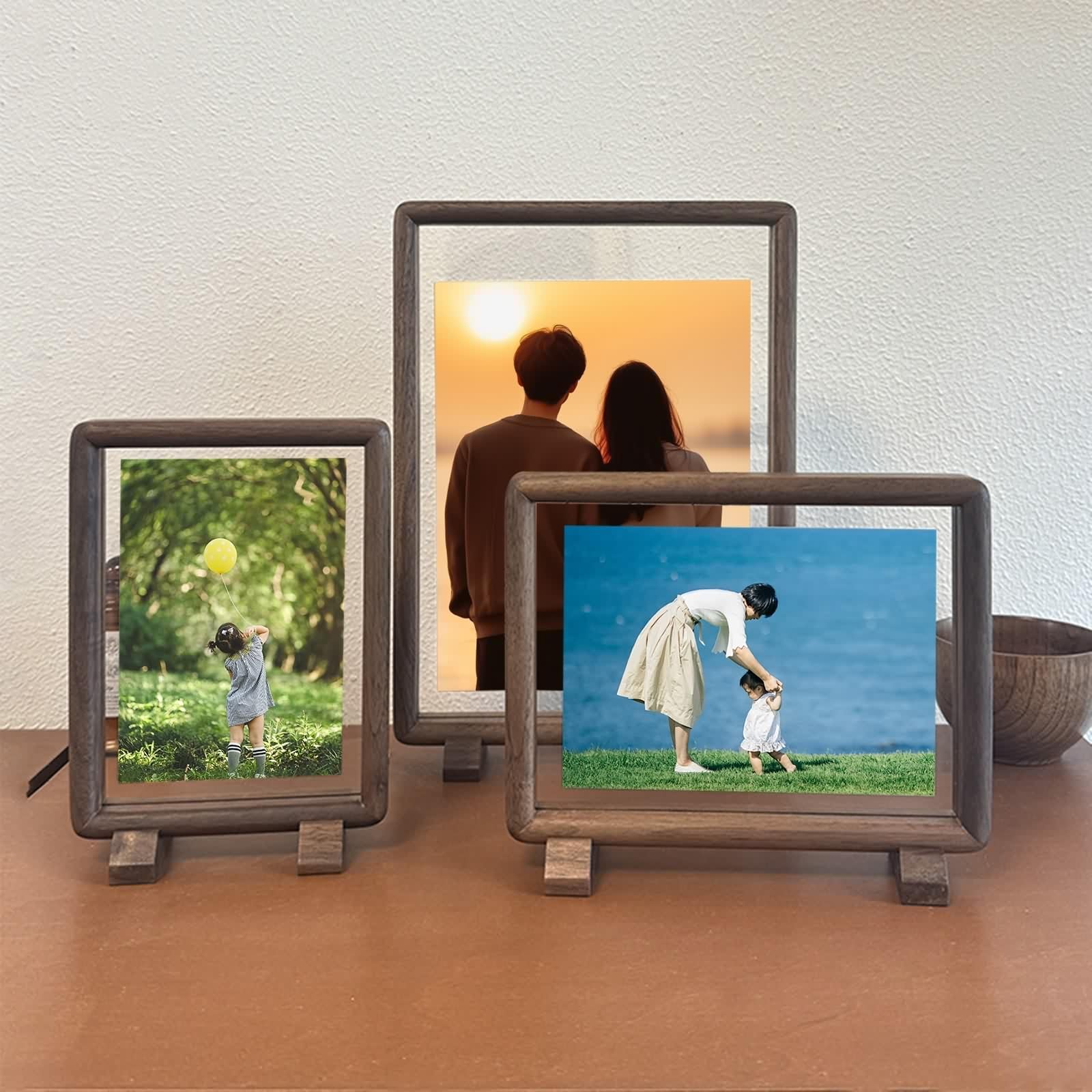 Fotorahmen 10X15, Picture Frame Nussbaum Rechteck Holz Acryl Horizontal/Vertikal für Tischplatte