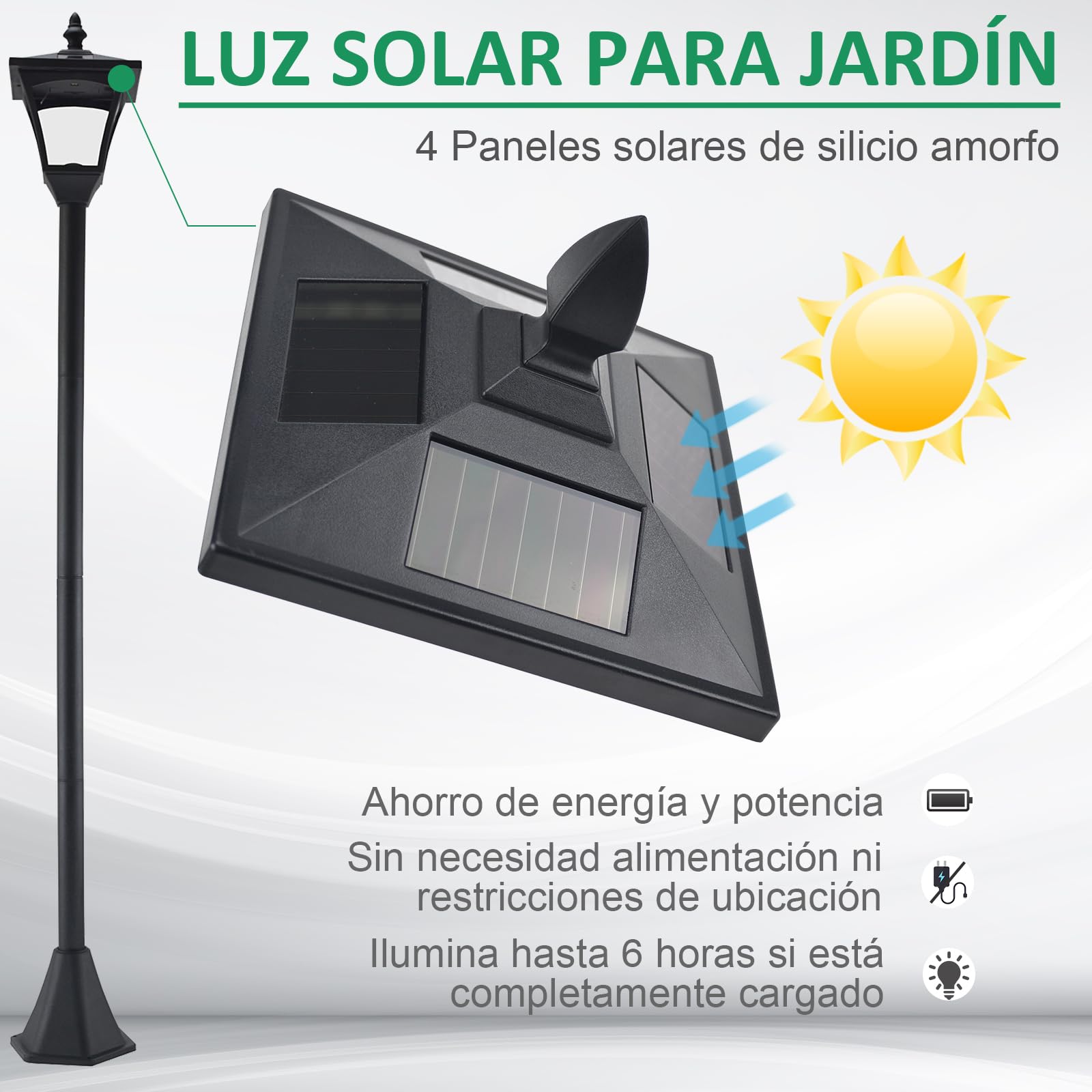Outsunny Farola Solar Luz Solar de Exterior con Panel Solar Encendido Automático e Impermeable IP44 Marco de Acero Inoxidable para Patio Terraza 18x18x160 cm Negro