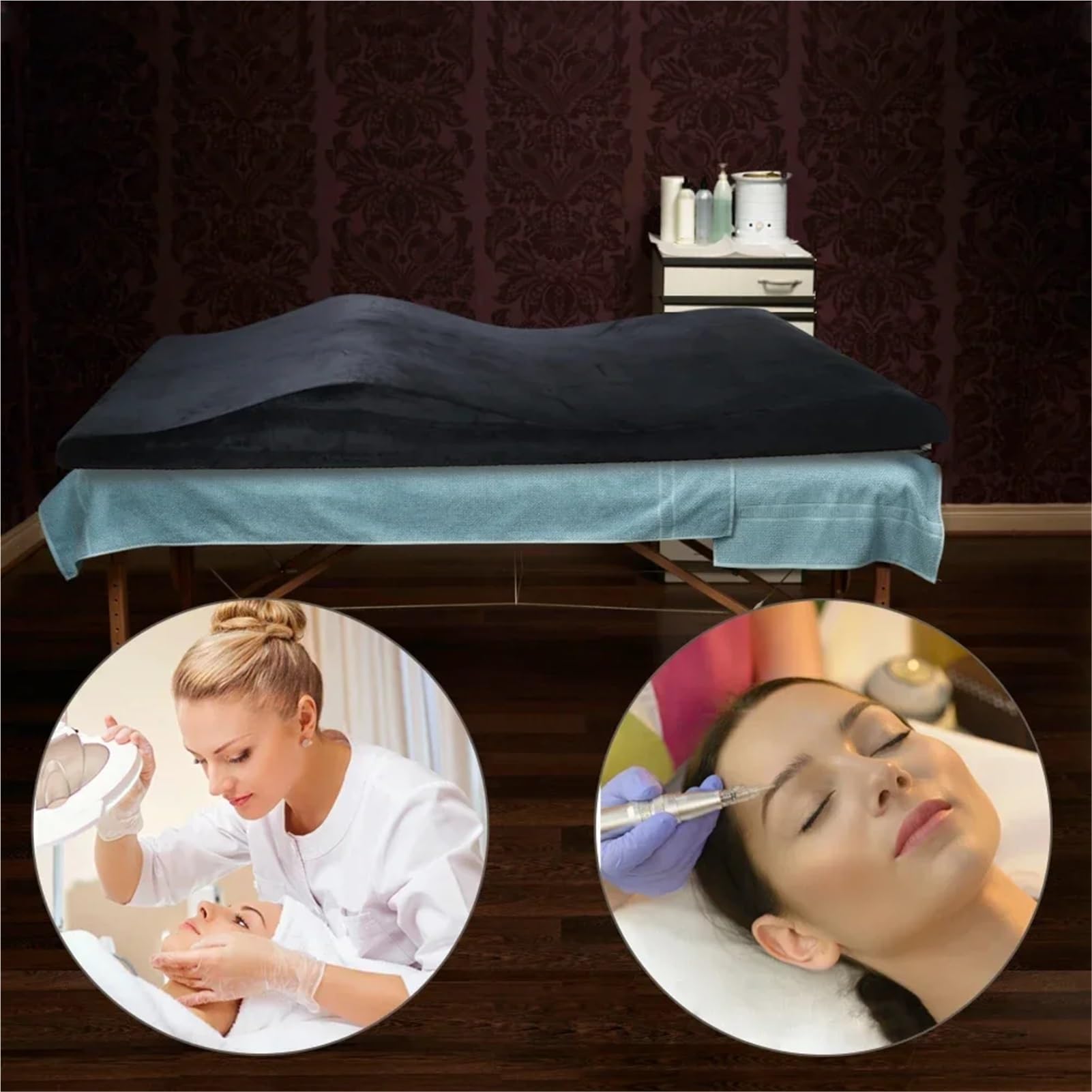 Matelas en Mousse à Mémoire de Forme pour Salon de Beauté, Noir, 180x60x18/13cm, Velours, Lavable