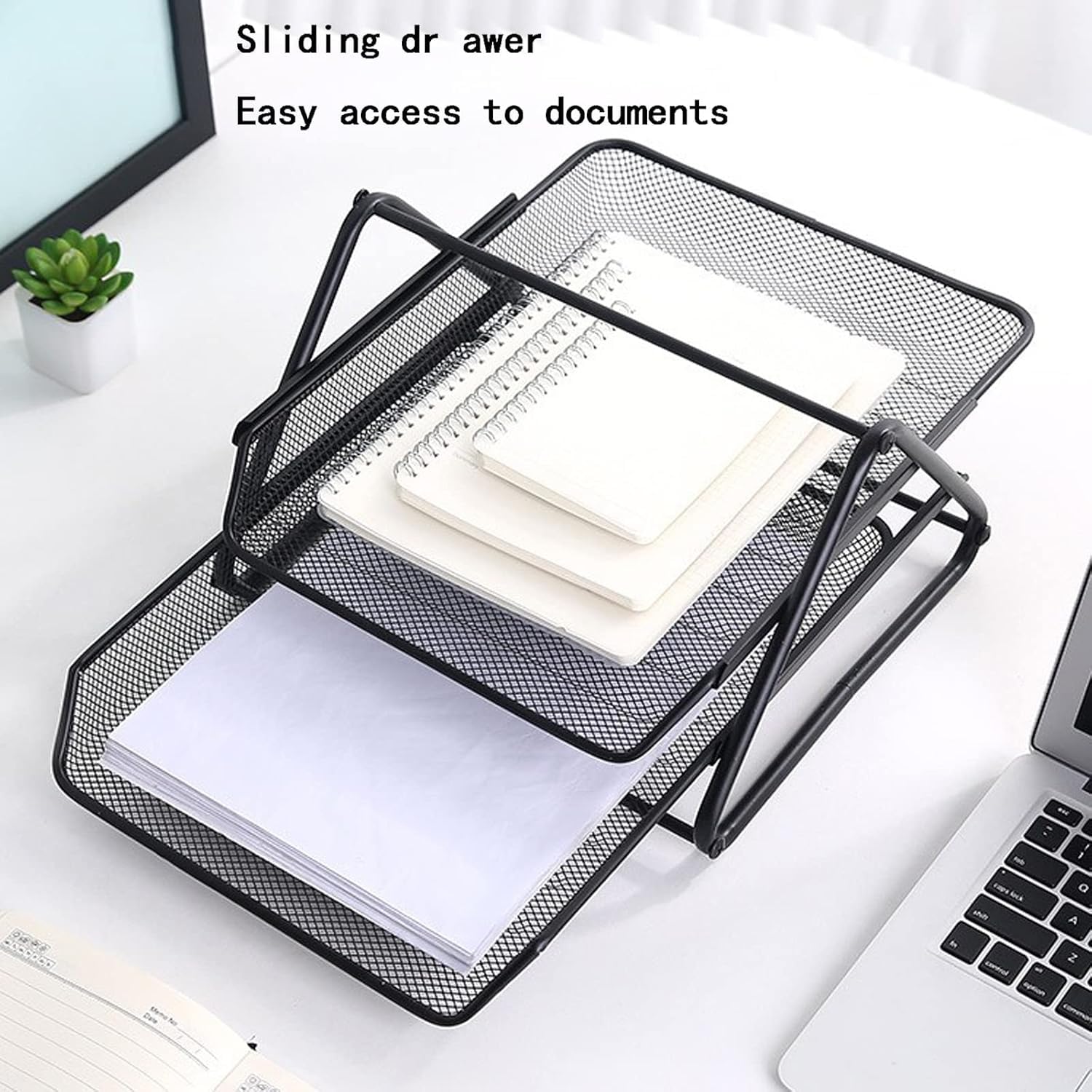 KACHKIT 2 Tier Document, 2 Desk File Tray, 2Tier Metal Mesh A4 Files documents Papers Folders Holder File, Paper, Letter, Office, Desktop Tray Organizer, (Black ; Sliding Shelf ; Set -1). (2 Tier) 1