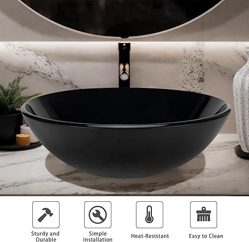 Miniatura 4 de YIMAI Lavabo de Vidrio Negro 16.5" x 16.5" x 5.5" – Vidrio Templado Sobre Encimera Lavabo Redondo para Baño Tazón de Encimera Lavabos Modernos
