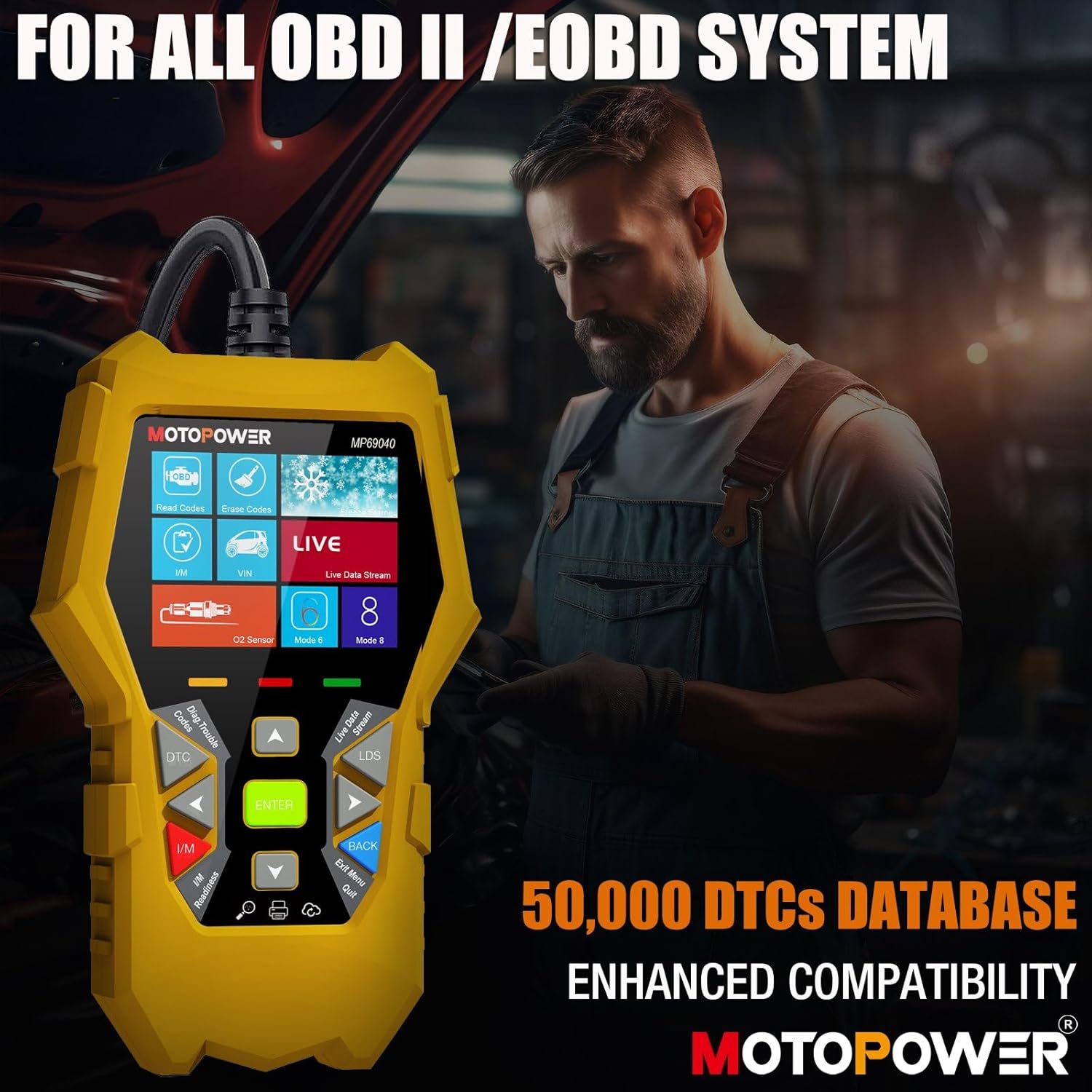 MOTOPOWER MP69040 OBD2 Scanner displaying diagnostic information.