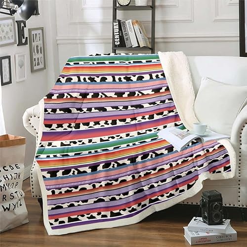 Manta de forro polar a rayas de arco iris, manta con estampado de vaca morada y rosa, manta de piel de vaca blanca y negra, manta occidental de