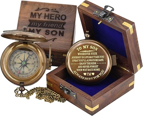 Miniatura 10 de Regalos para hijo mamá y papá, con brújula a mi hijo viene con estuche de cuero de grano de latón náutico – Brújula de reloj de sol personalizado