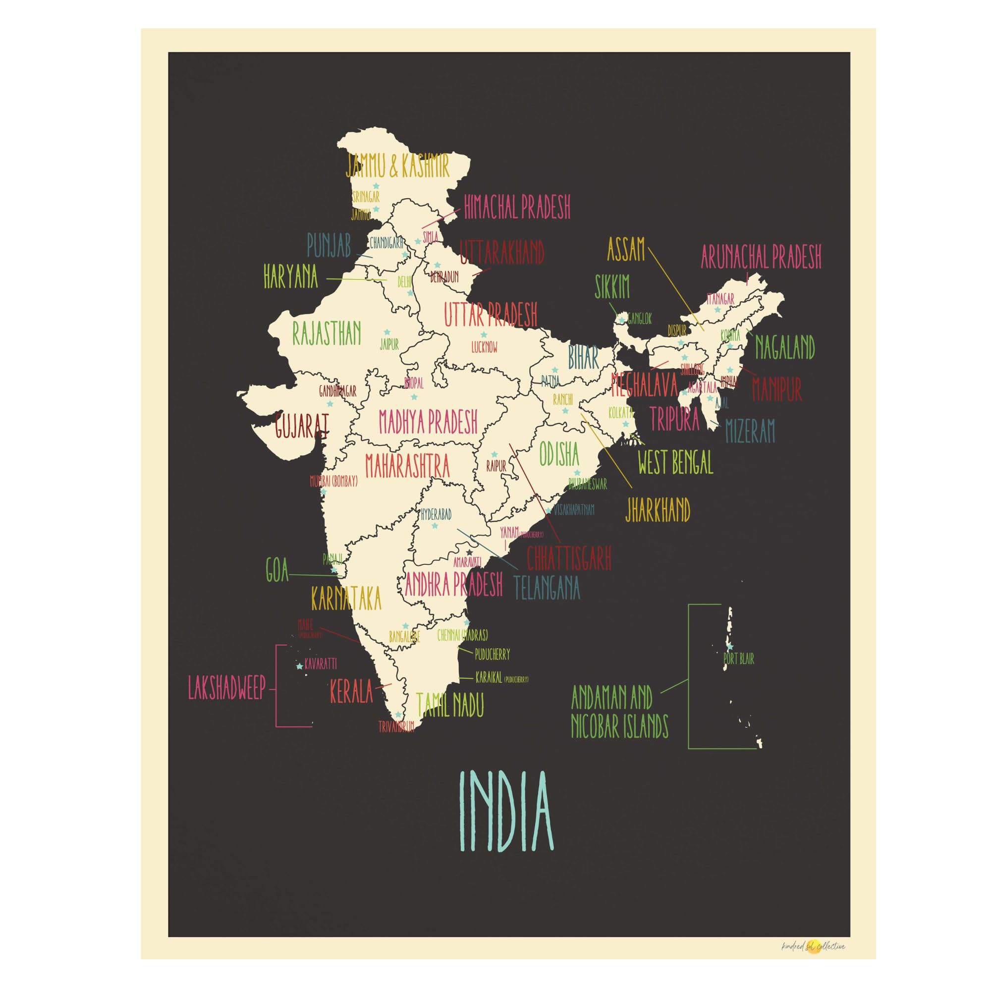 India Map Wall Art Print – 11x14 Poster – Black Outline Map of India – Travel Decor, Classroom, Nursery, Kids’ Playroom, or Office Wall Decoration