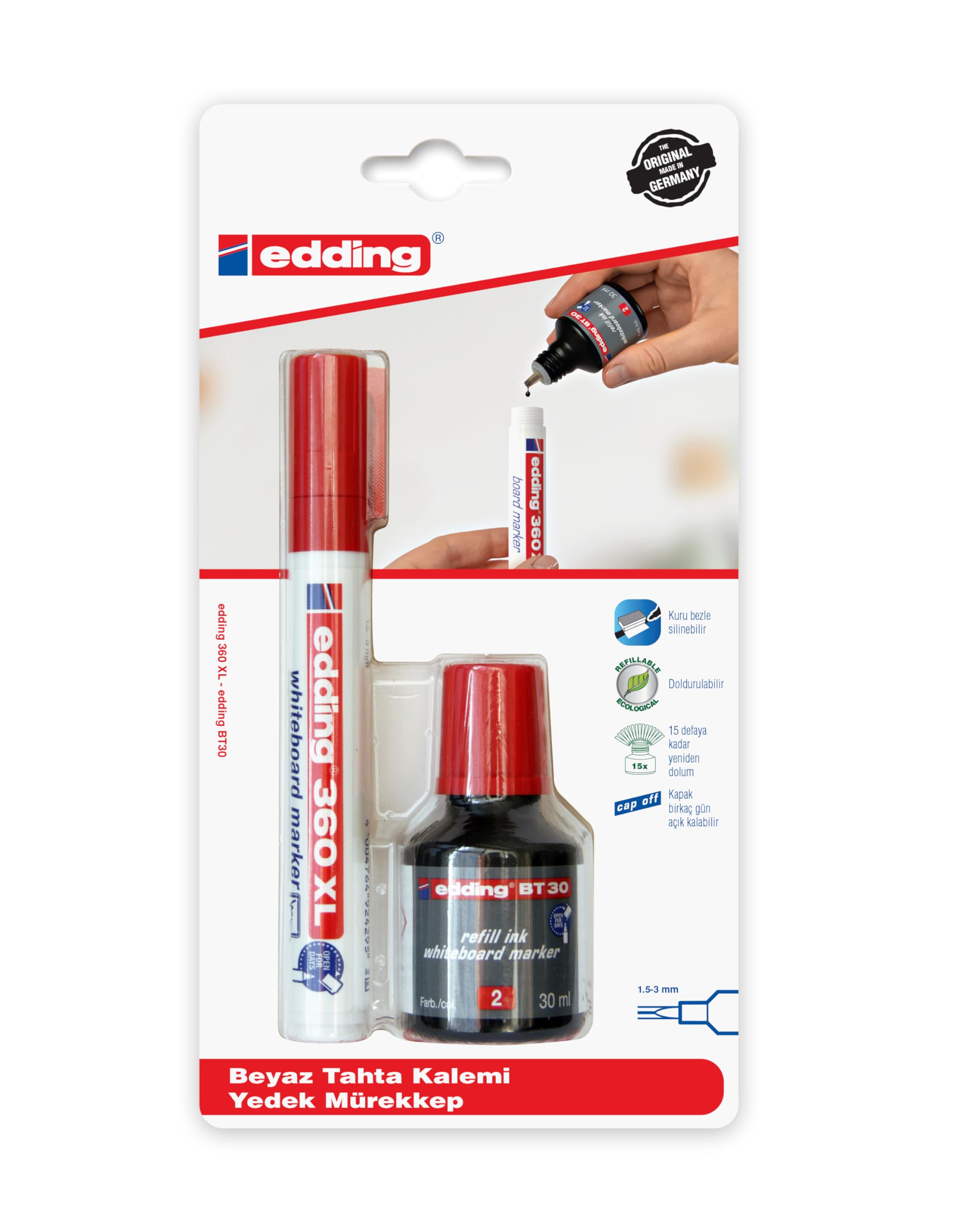 Edding 360XL BT30 - Paquete combinado de 1 blíster, bolígrafo de pizarra, color rojo