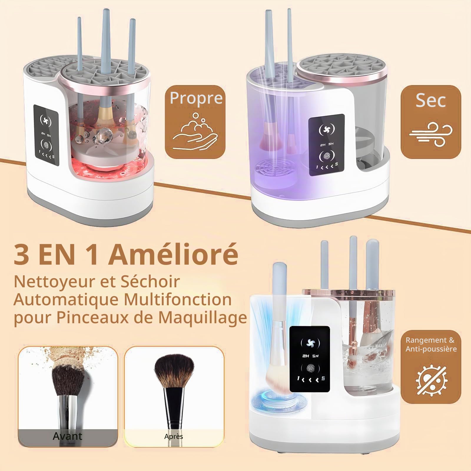Nettoyeur Pinceau Maquillage,Machine Nettoyage Électrique avec Séchoir & Support - Laveur Pinceau Automatique USB pour Toutes Tailles Pinceaux Cosmétiques & Beauty Blender, Arrêt Auto 5 Min