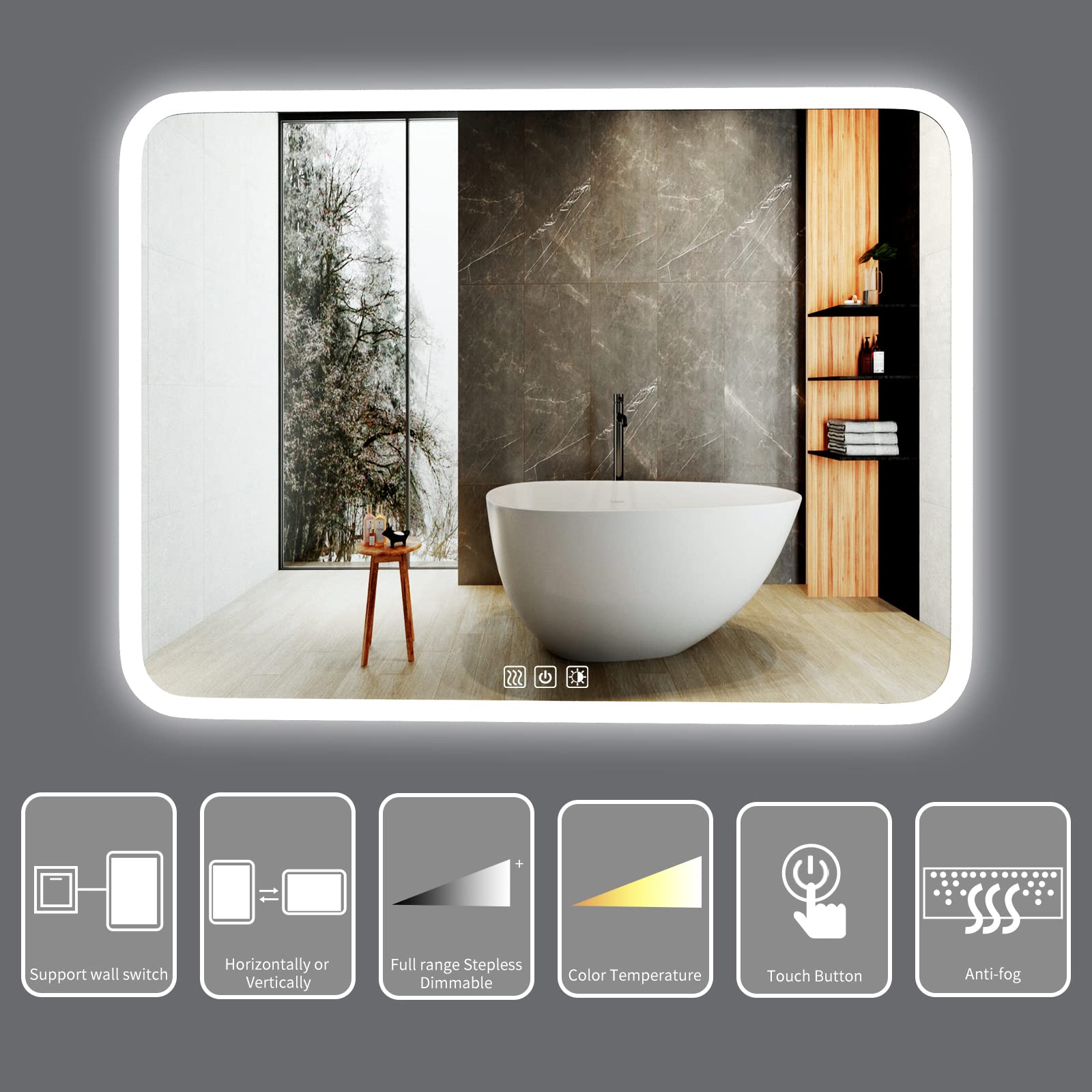 40 x 32 Inch Bathroom Vanity Mirror Wall Mounted, LED Anti Fog Bathroom Mirror with Lights, Lighted Makeup Mirror Dimmable Frameless Smart Touch Mirror with 3 Lights Waterproof (Horizontal/Vertical)
