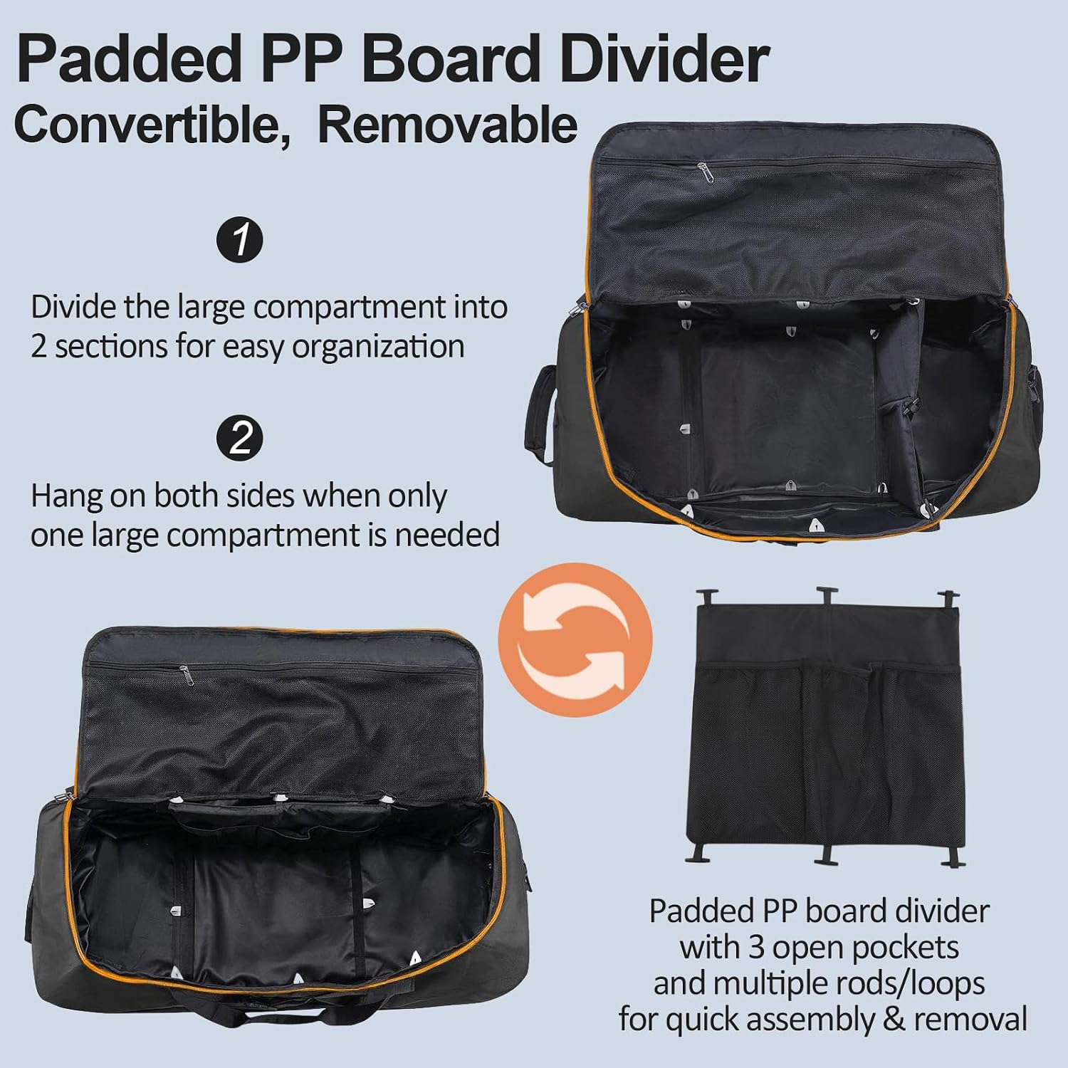 Condition photo showing New/Like New for bagenerous 110l/140l expandable soft-sided foldable duffle bag with 2 rubber wheels,packable 32” rolling carry-on with multi-pockets & compartments,black orange