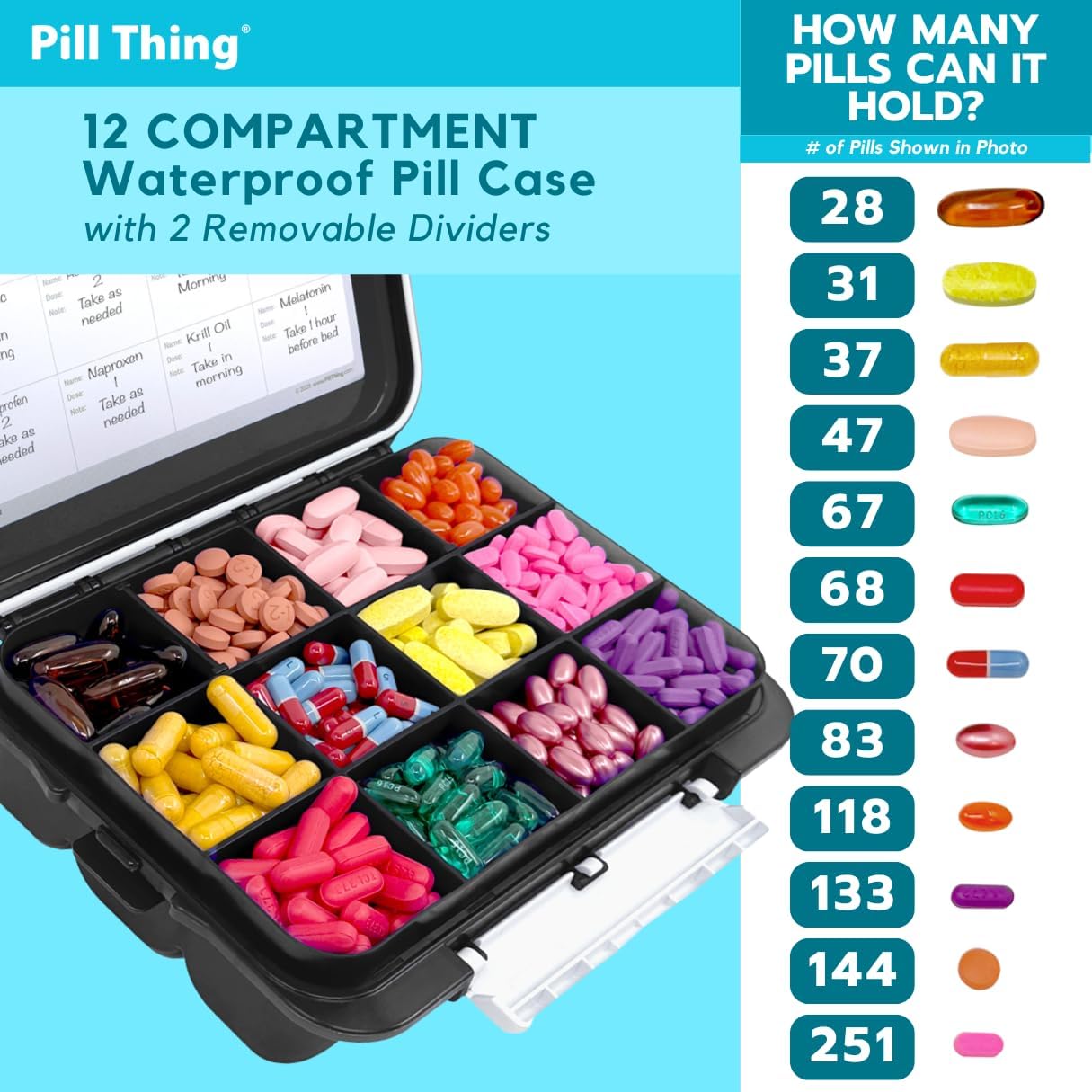 20 Compartment Large Pill Case with Airtight Seal - Silicone Gasket Waterproof Med Box with Medication Map (Black Combo Pack - 20 & 12)