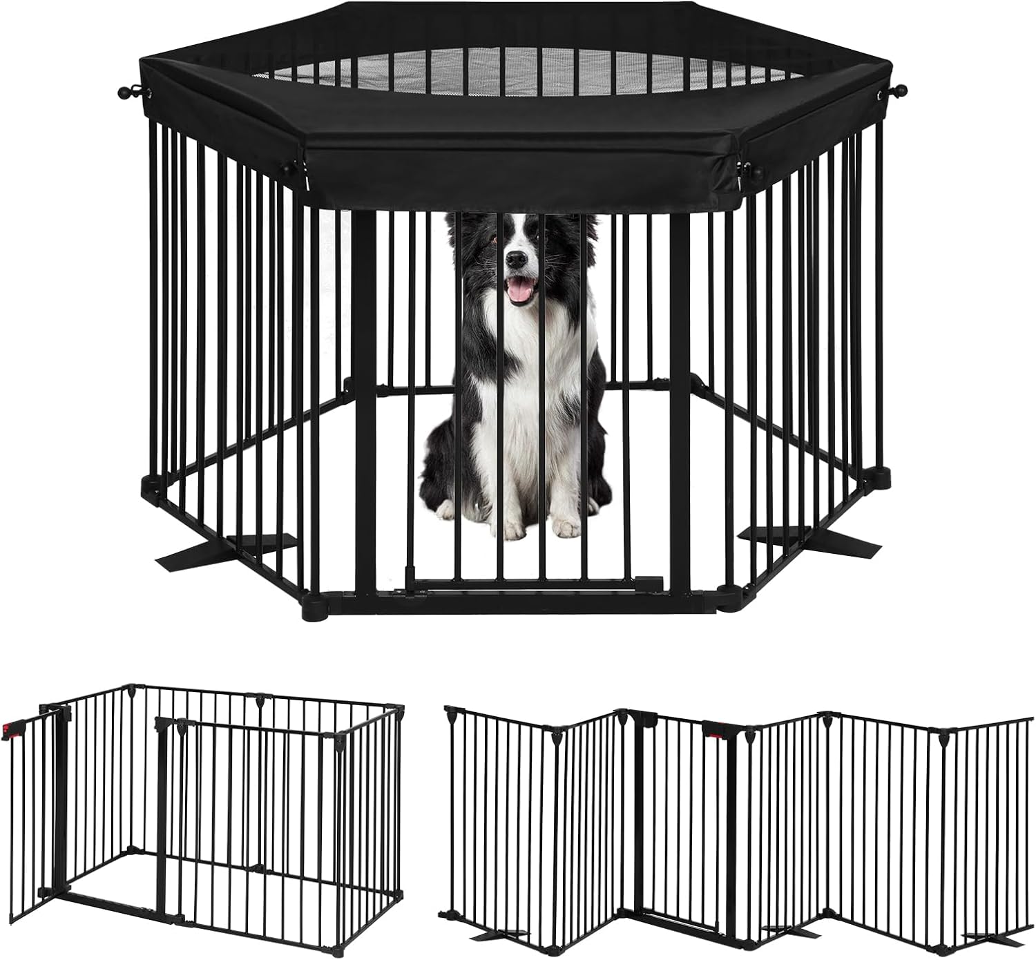 SMONTER Free Standing Dog Gate with Door Walk Through, 152" Extra Wide Foldable Dog Fence with Removable Cover, 6 Panels 29" Tall Metal Pet Gate for Stairs, Hallways