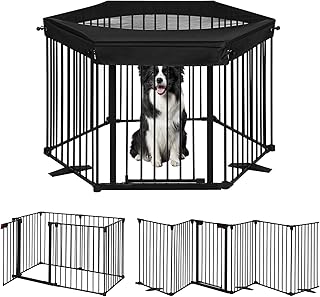 SMONTER Free Standing Dog Gate with Door Walk Through, 152" Extra Wide Foldable Dog Fence with Removable Cover, 6 Panels 29" Tall Metal Pet Gate for Stairs, Hallways