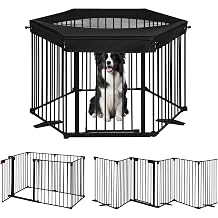 SMONTER Freestanding Dog Gate with Door Walk Through, 152" Extra Wide Foldable Dog Fence with Removable Cover, 6 Panels 29" Tall Metal Pet Gate for Stairs, Hallways