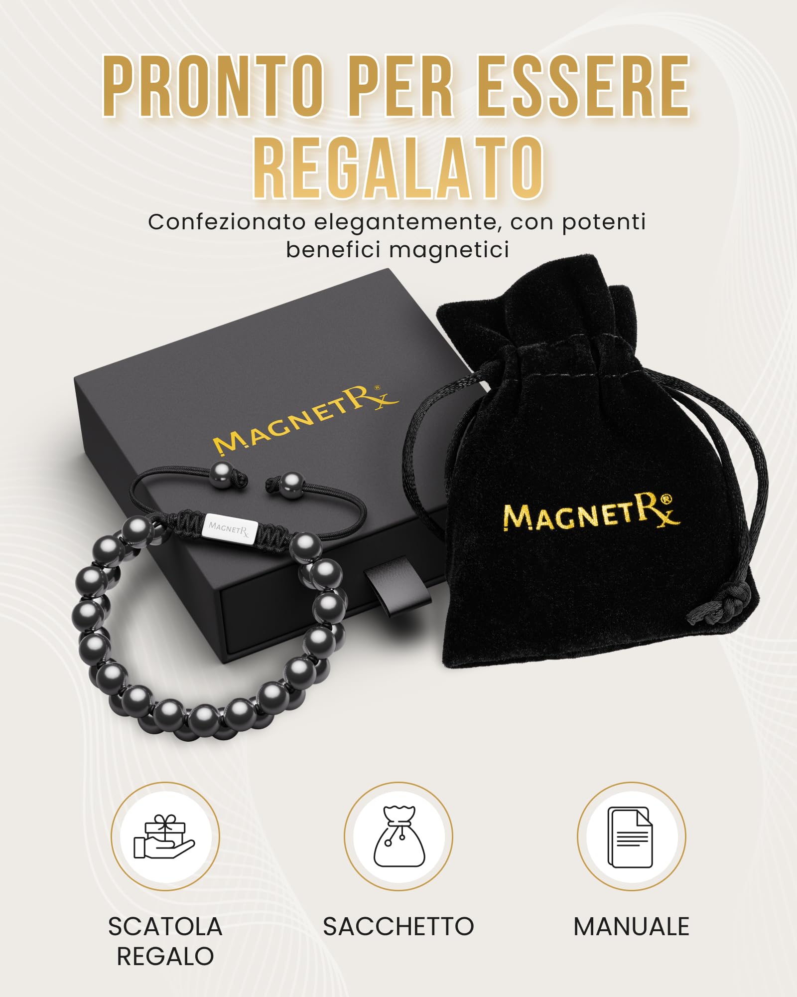MagnetRX® Bracciale Magneticoin Ematite – Elegante Braccialetto Magnetico Regolabile – Realizzato a Mano (Double Strength 8mm)