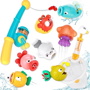 VBACALA Bath Toy, 10PCS Bath Play, Fishing Fun, Sea Creatures, Fishing Net, Fishing Rod Included, 5-in-1 Water Play Set, Cute Water Gun, Water Wheel, Shower Fountain, Bath Toy, Christmas Gift