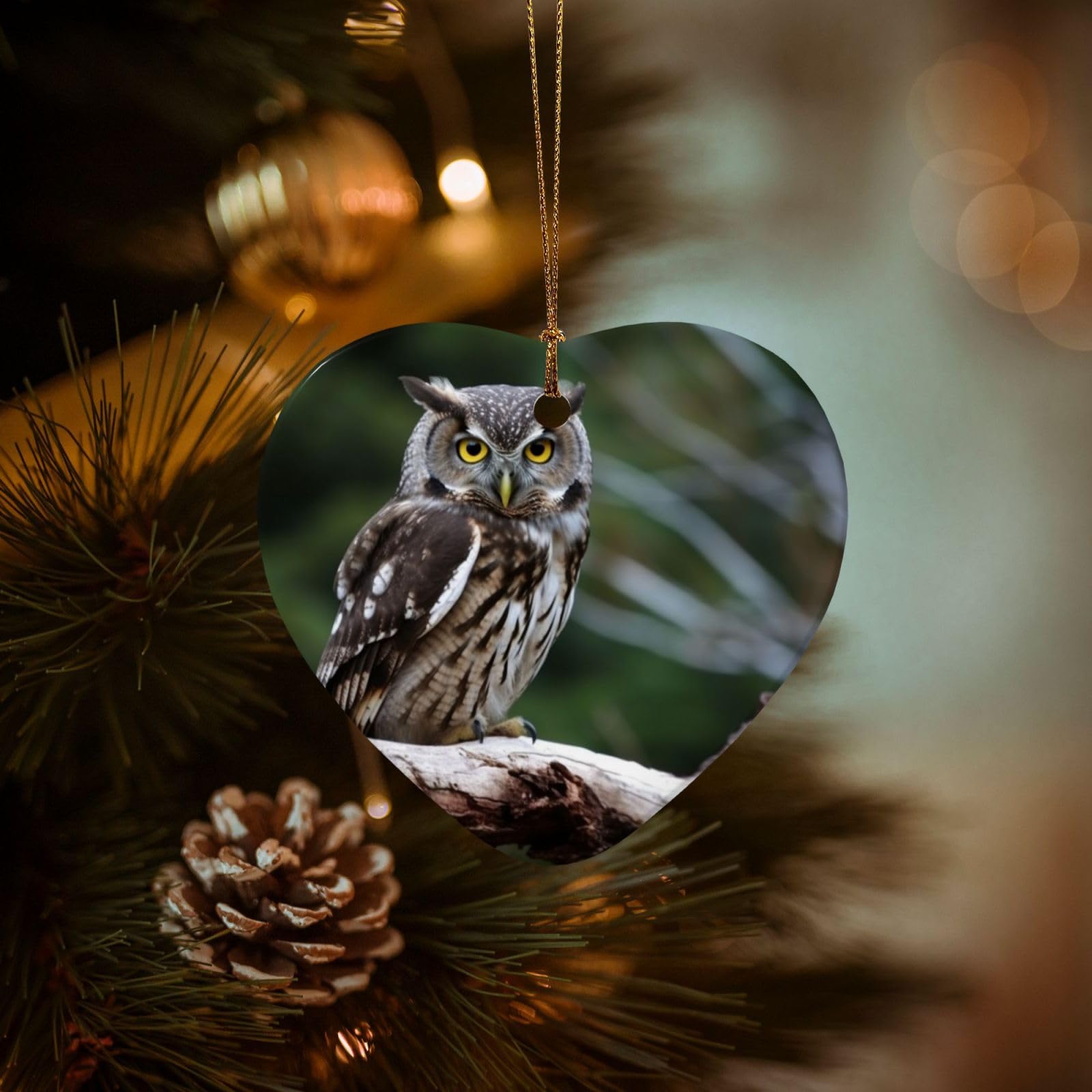 Christmas Ornaments for Christmas Tree Decoration Hanging Wild Owl Birds Ornament with Gold Ribbon Crafts Heart Shape Ceramic Pendant for Keepsake Gifts Xmas Decor Party Supplies