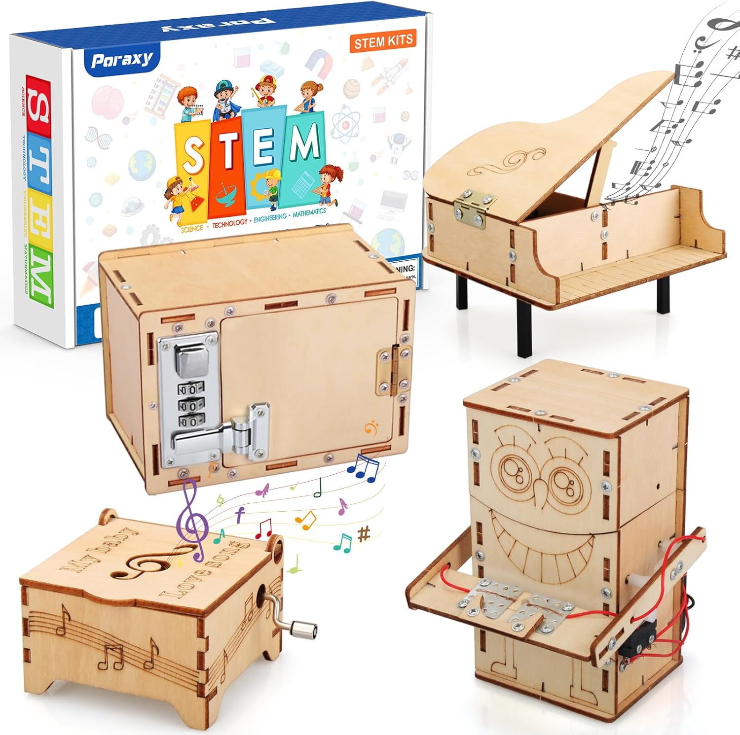 Poraxy 4 Set STEM Kits for Kids Ages 8-10 10-12, Toys for Ages 8-13, Music Box, Robot 3D Puzzle Educational Science Building Projects Crafts, Birthday Gifts for Boys Girls 7 8 9 10 11 12 13 Year Old