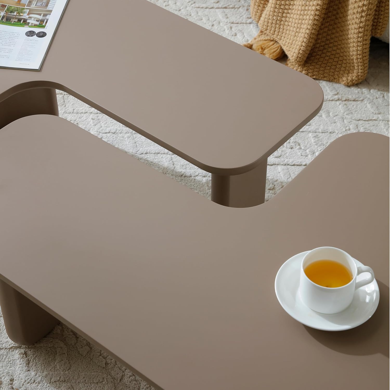 2-Piece Modular Coffee Table Set, Modern Rectangular Free-Combination Center and Side Tables, Multi-Layer Lacquer Finish, Space-Saving Tables for Living Room Sofa or Corner, Brown