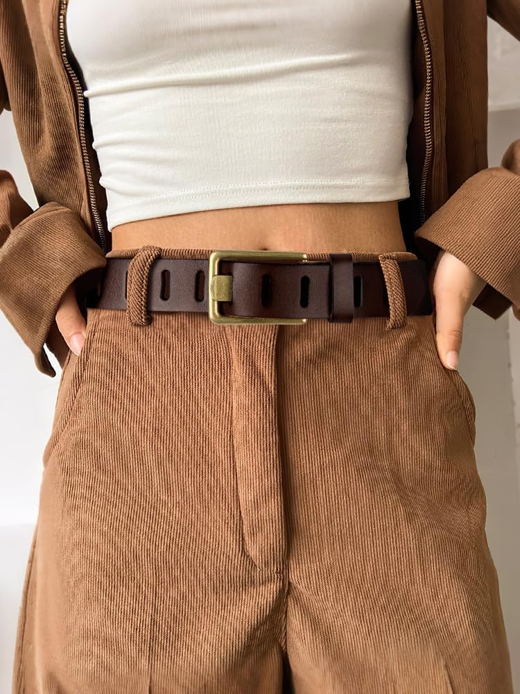 WHIPPY Genuine Leather Belt for Women Western Belt for Jeans with Vintage Gold Buckle & Full-Hole Strap, 1.5" Wide - Image 3