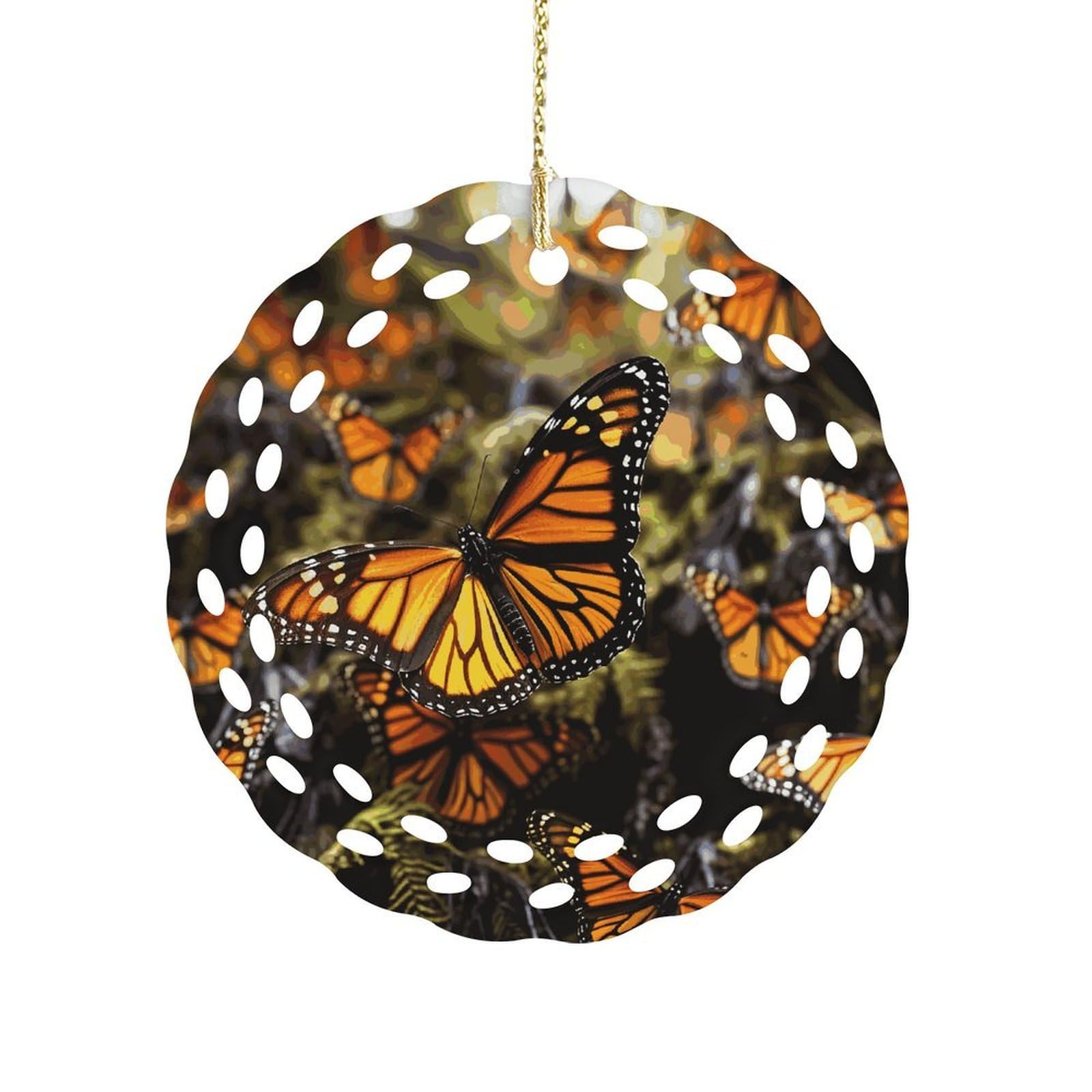 Btcowzrv Style Heaps Of Orange Monarch Butterflies Ceramic Ornament,Round Ornaments With Hole Easy To Hang,Hanging Ornament For Wedding Party Home Window Garden Christmas Day Decor