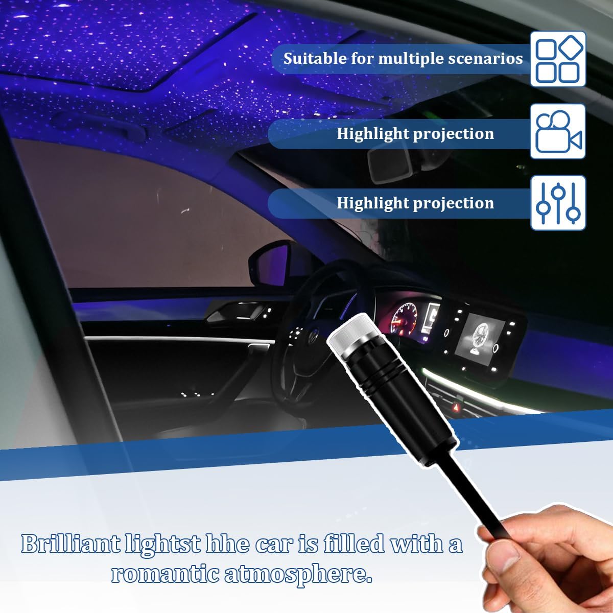 Car USB Star Projector Night Light, Portable Flexible LED Romantic Roof Starry Sky Atmosphere Light, Automotive Interior Star Decorative Nightlight Projector, Universal for Vehicles (Blue) image 3