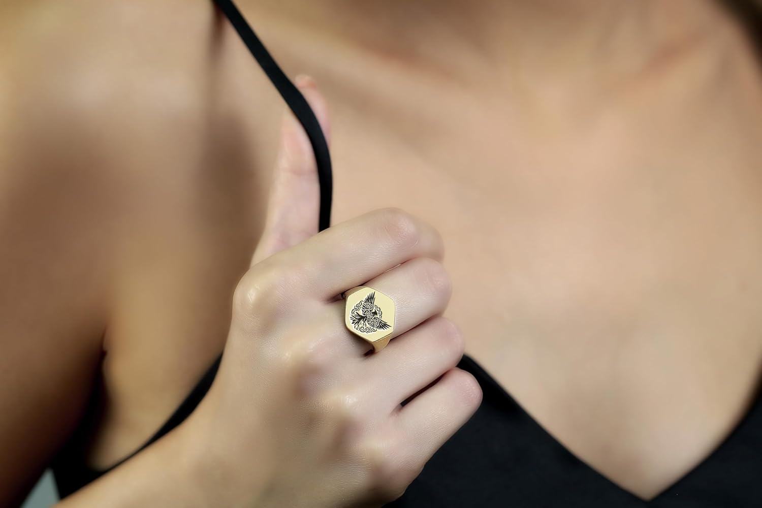 Custom Raven Signet Ring - Engraved Crow Design - Bold Hexagon Ring - Symbolic Jewelry - Unique Statement Piece