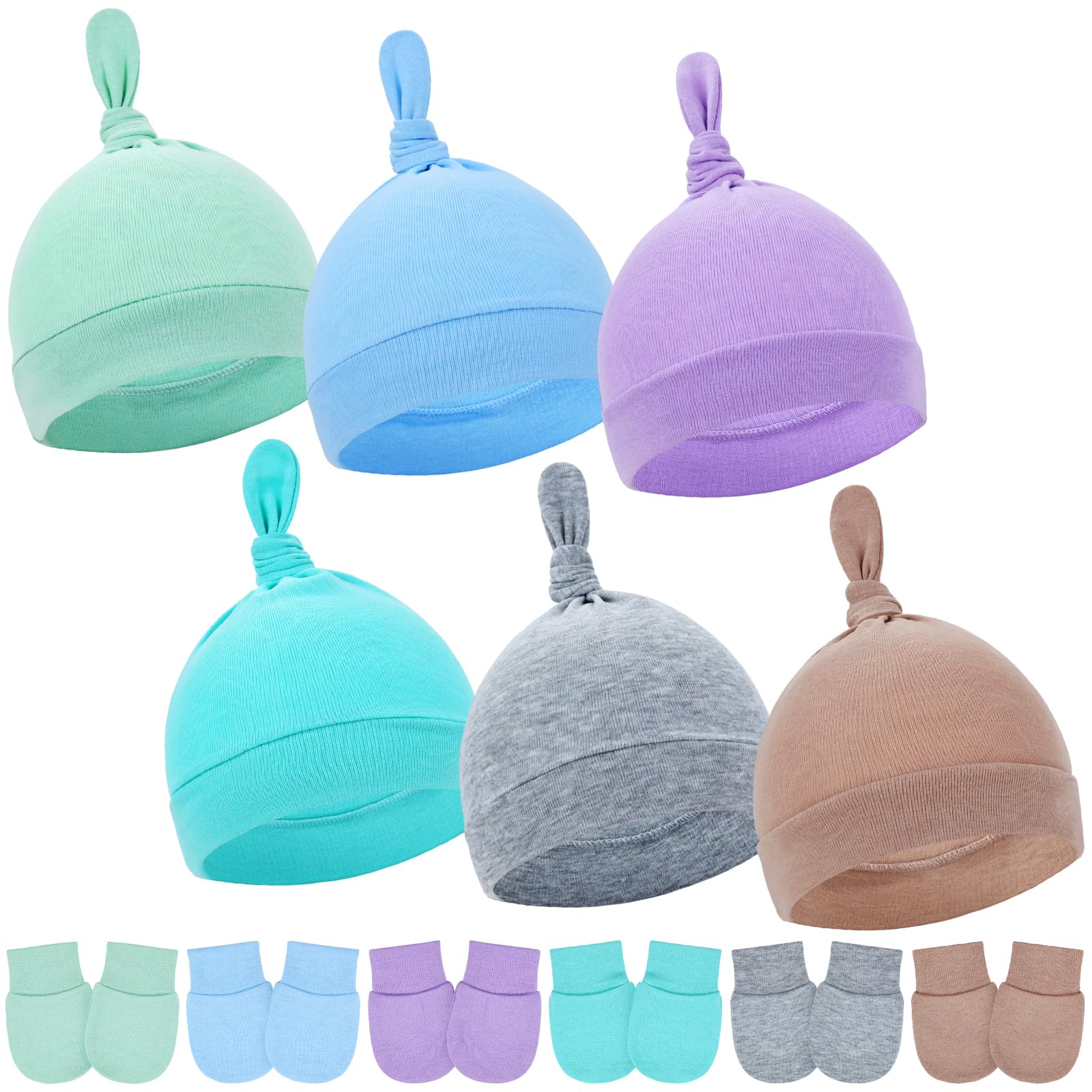 Cinaci 6 Sets Soft Stretchy Cotton Cute Knot Turban Hats and No Scratch Mittens Nursery Hospital Caps Beanies Bonnets Gloves Set for 3-9 Months Unisex Baby Girls Boys Newborns Infants Toddlers