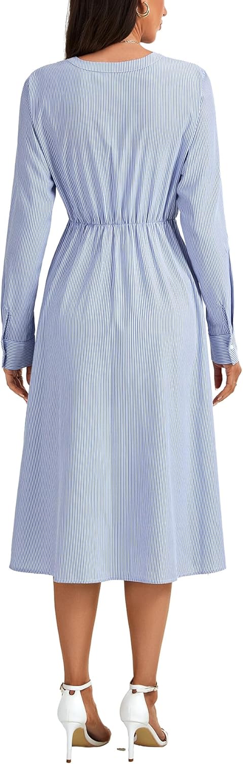 Vrtige Women's Stripe Long Sleeve Button V Neck Pleated Waisted A Line Midi Shirt Dress - Image 5