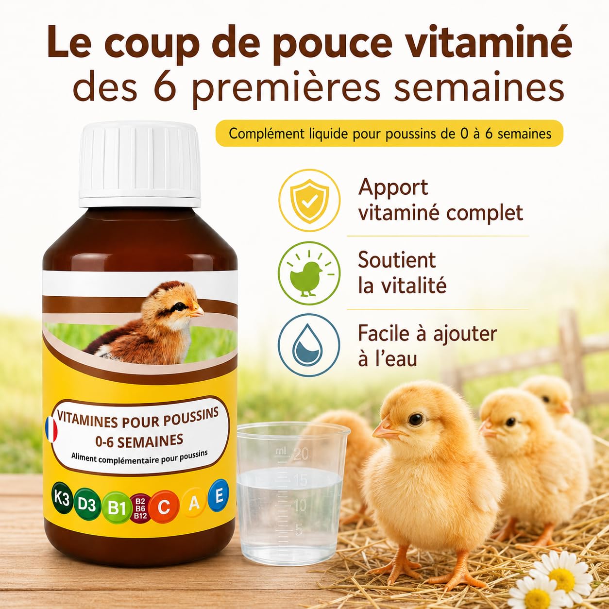 ANI’Nat Multivitamines Poussins 250 ML – Complément Liquide pour Poussins 0-6 semaines – Vitamines, bétaïne et acides aminés – pour démarrage, Croissance et vitalité – À diluer dans l’Eau