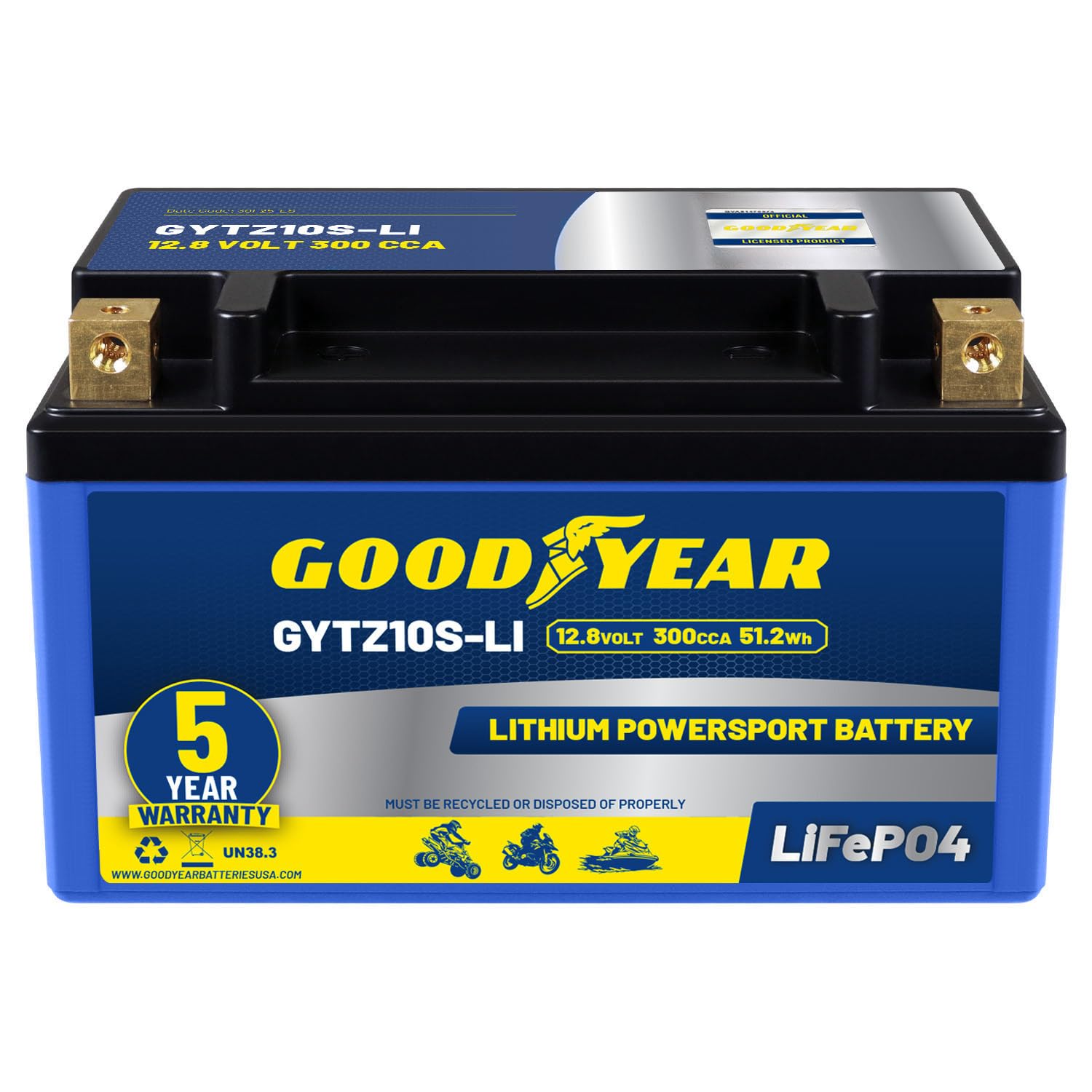 Goodyear GYTZ10S-LI Lithium LiFePO4 12.8V 300CCA Rechargeable High Performance Powersport Battery with Smart BMS Replacement for Motorcycle, ATV, UTV,