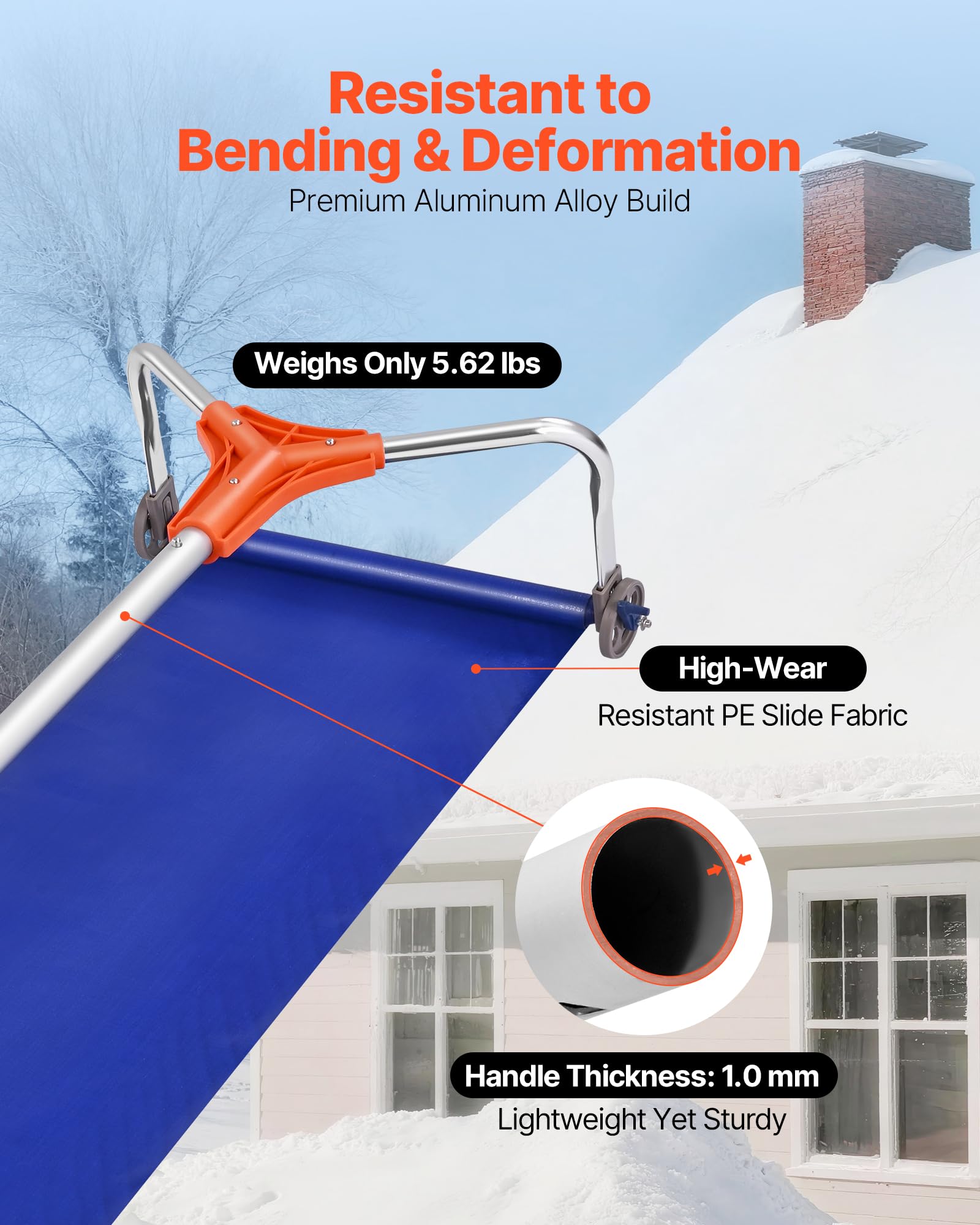 VEVOR Rastrillo de Nieve para Techo 125 - 524 cm con Raspador de 432 mm, Herramienta de Eliminación de Nieve, Mango Antideslizante, Protectoras de Techo con Ruedas para Hojas Caídas, Escombros