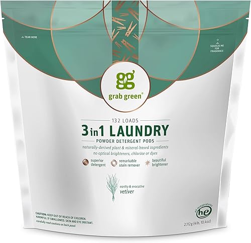 Grab Green Cápsulas de detergente 3 en 1, 132 unidades, aroma vetiver, a base de plantas y minerales, poder de limpieza superior, removedor de