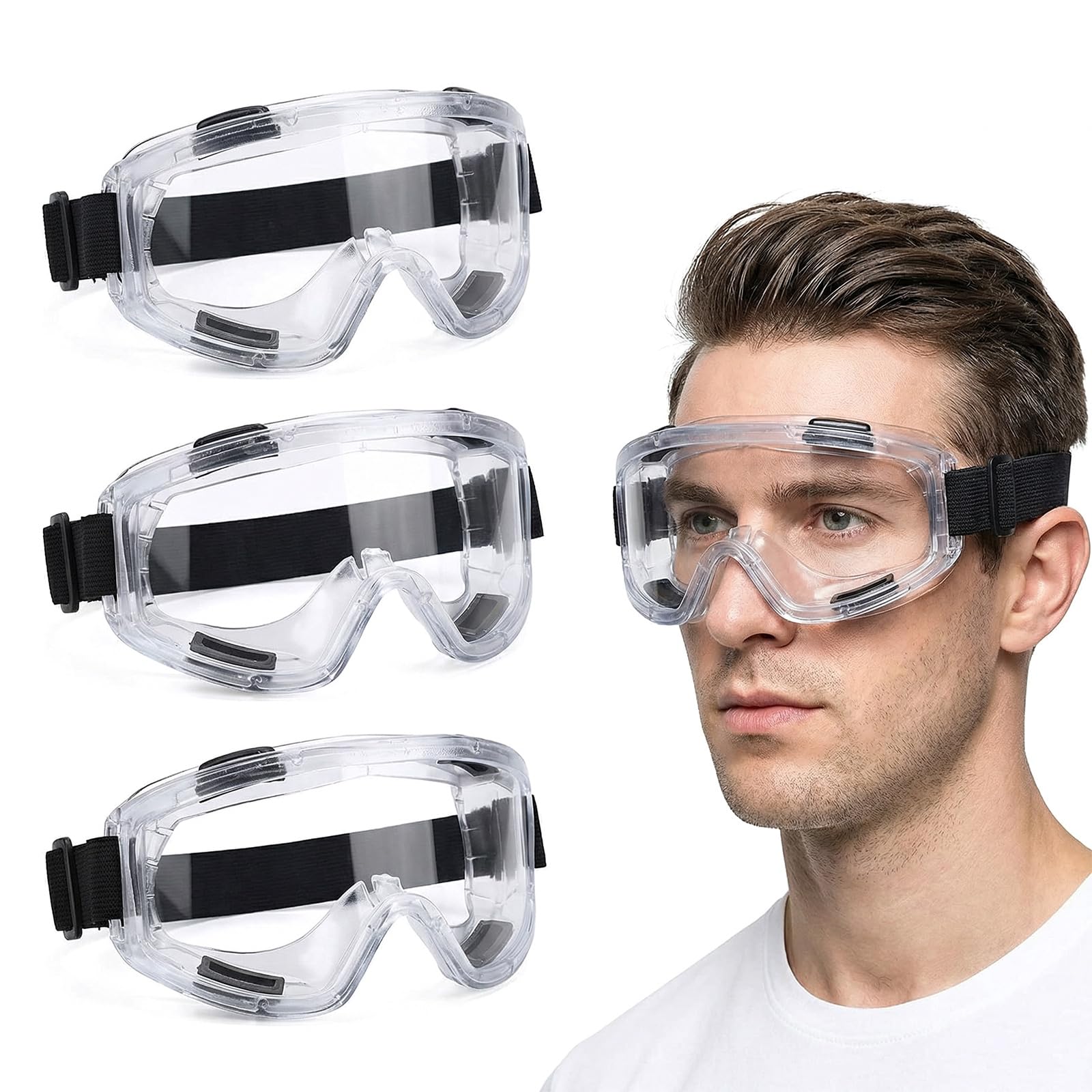LIRONGTAGE 3 Pack Anti-Fog Safety Goggles, Anti-Scratch Splash Protective Goggles for Adults Over Glasses with Adjustable Vented Design, Eye Protection Goggles for DIY Home Lab Work Dust Woodworking