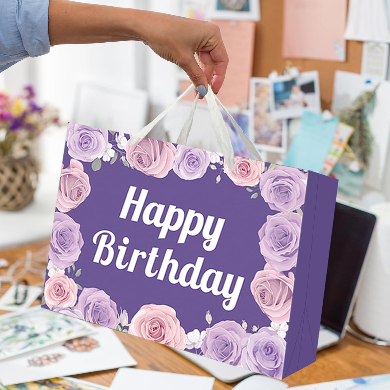 ZHIAXTON 13.8" Large Happy Birthday Gift Bag with Tissue Paper and Card,Rose Purple Gift Bags Set for Girl Women Birthday Party - Image 7