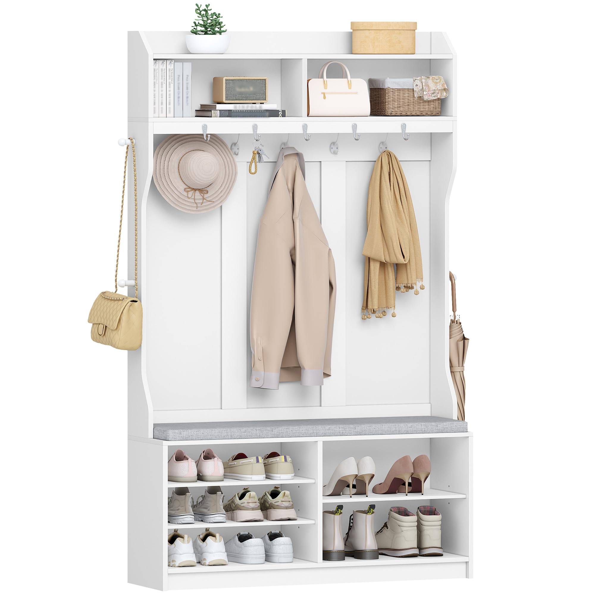 HEXCELEN Garderobenständer mit Schuhbank, Garderobe mit 14 Haken und 7 Offenen Fächer, Verstellbare Regalbretter, für Flure, Eingangsbereiche, Wohnzimmer, 30 x 100 x 183,4 cm, Weiß