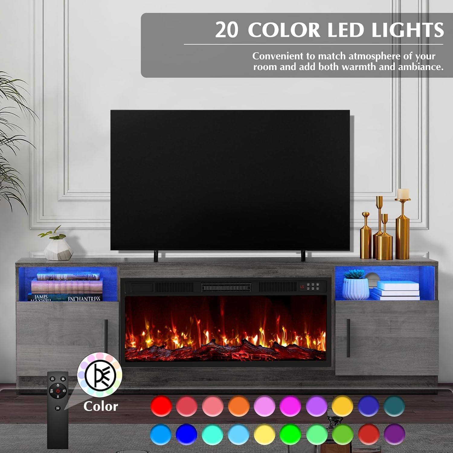 Lemberi Fireplace tv Stand with 36 inch Fireplace Up to 80" TVs,LED Light Entertainment Center and Storage, 70" Modern Wood Media TV Console with Highlight Cabinet for Living Room