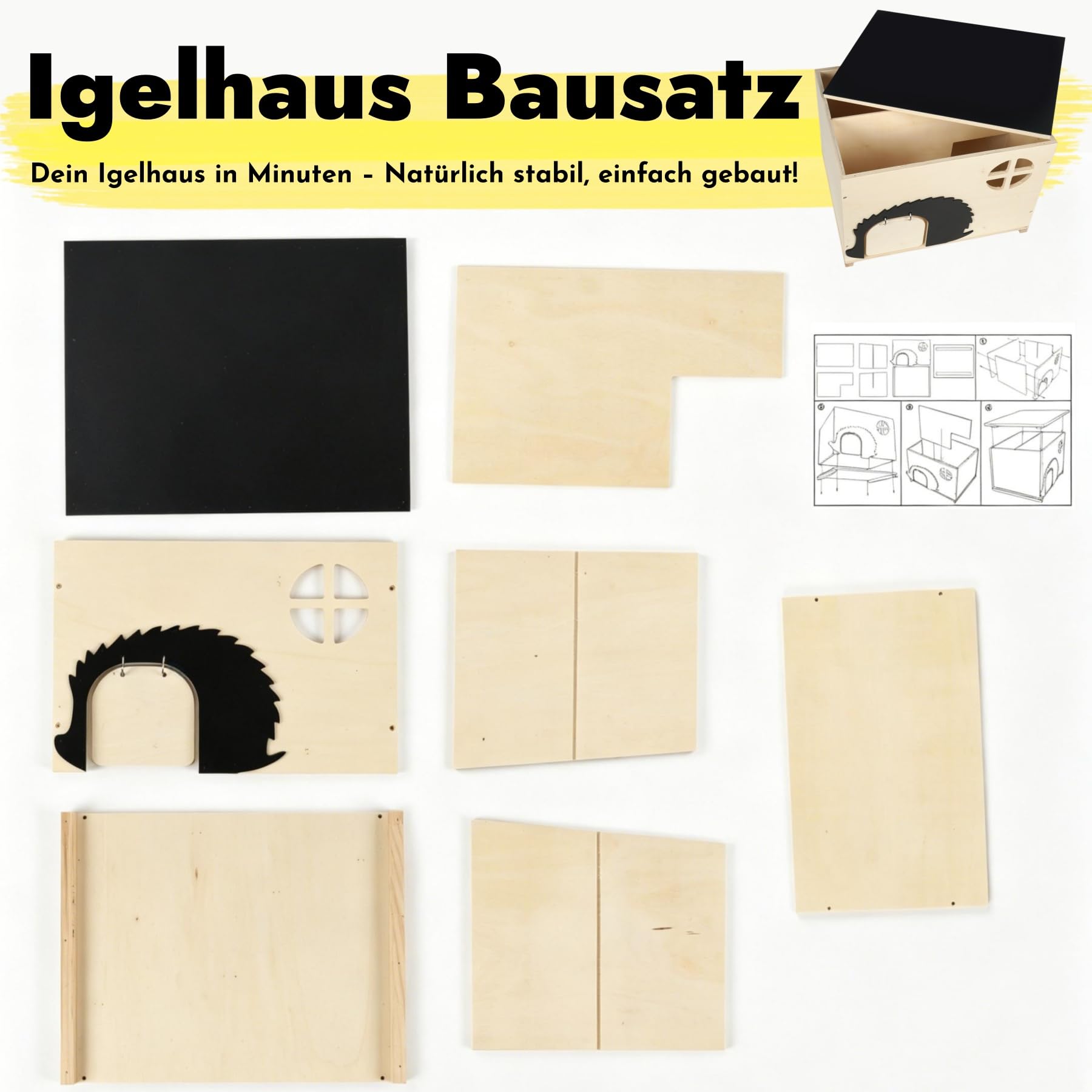 Igelhaus Groß mit Rattenklappe und Labyrintheingang Winterfest, Holz Igelhotel mit Boden 37 x 30 x 28 cm, Igelhütte für Igel zum Unterschlupf & Winterschlaf