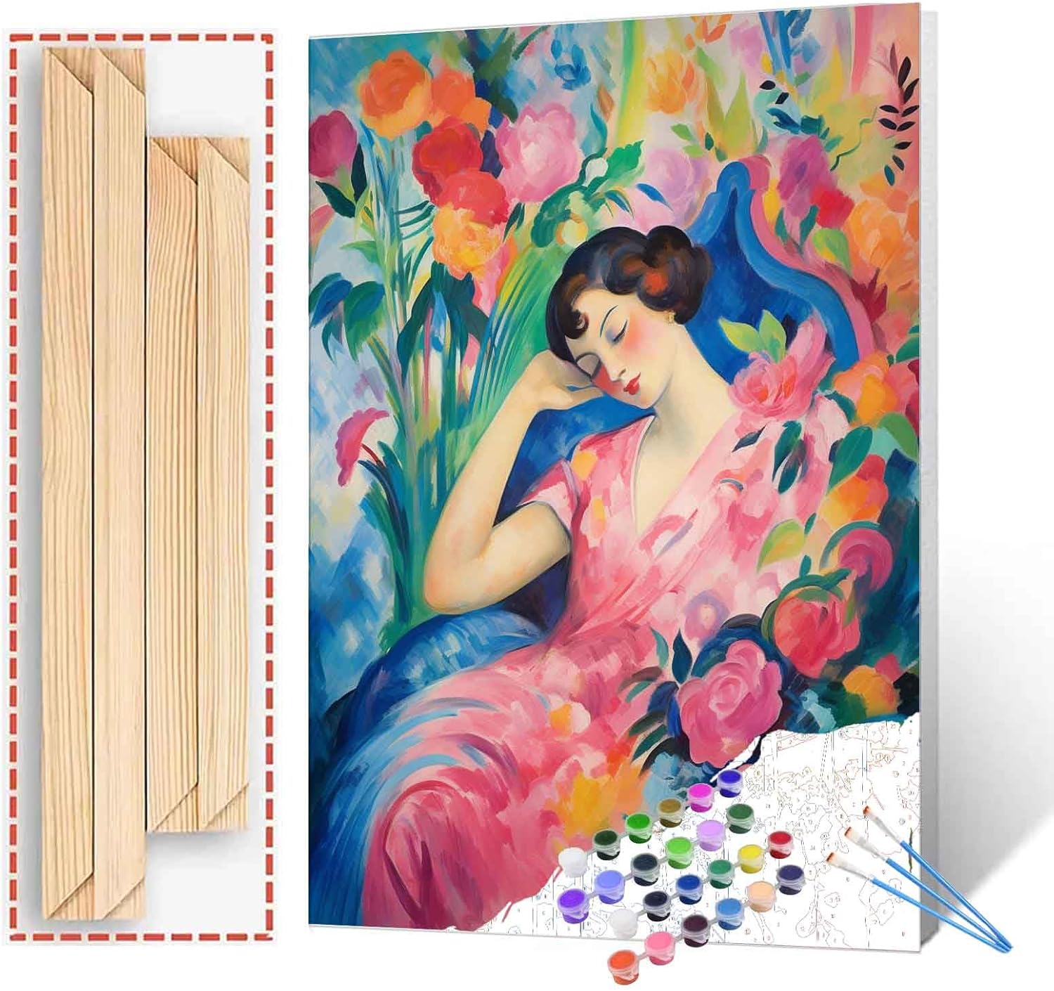 Sleeping Girl Paint by Numbers Kits with Brushes and Acrylic Pigment on Canvas Painting for Adults, Graffitic Garden Flowers Arts Crafts Project for Home Decor Gifts 16''x20'' Boho Gift(DIY Framed) 16''Wx20'H(DIY Frame) Artwork-03