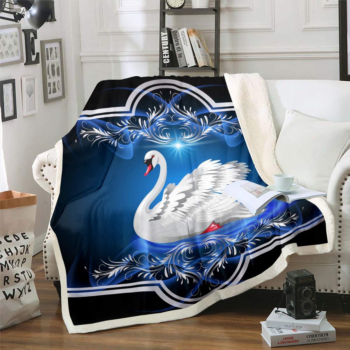 Swan Print Girly Glitter Elegant Animal Bird Fleece Sherpa Blanket for Chair Sofa Couch Women Luxury Princess Style Ultra Soft Room Decor King 87"*94" Reversible — image 1