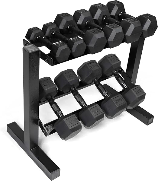CAP Barbell 150 LB Dumbbell Set with 2-Tier Rack, Rubber Hex Free Weights Set, Home Gym Weight Set with Horizontal Stora