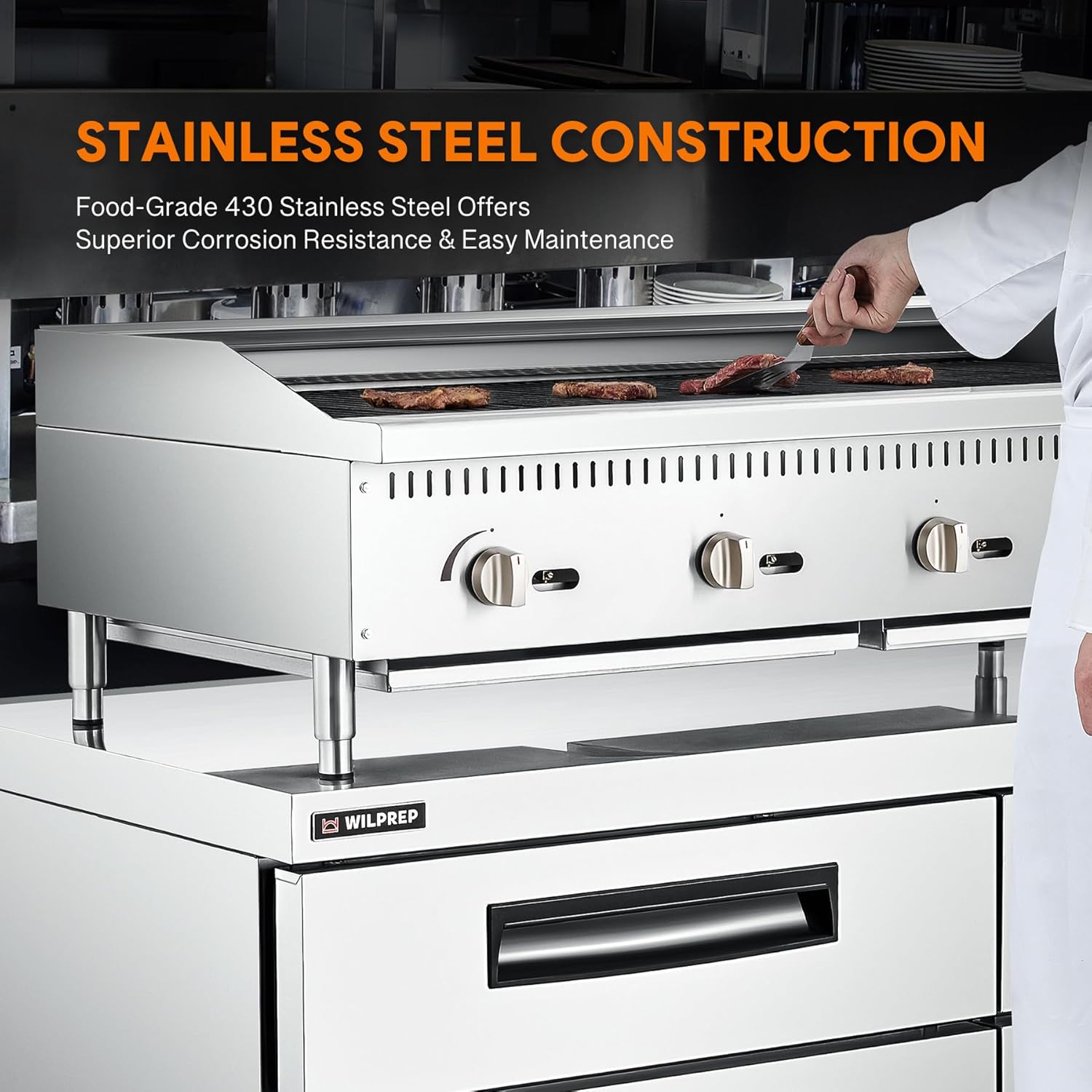 WILPREP Gas Countertop Radiant Charbroiler, 48 in Commercial Radiant Charbroiler with 4 35000 BTU U-Shaped Burners & 8 Cast Iron Grates, NG LPG Compatible Gas Charbroiler for Home Commercial Kitchen