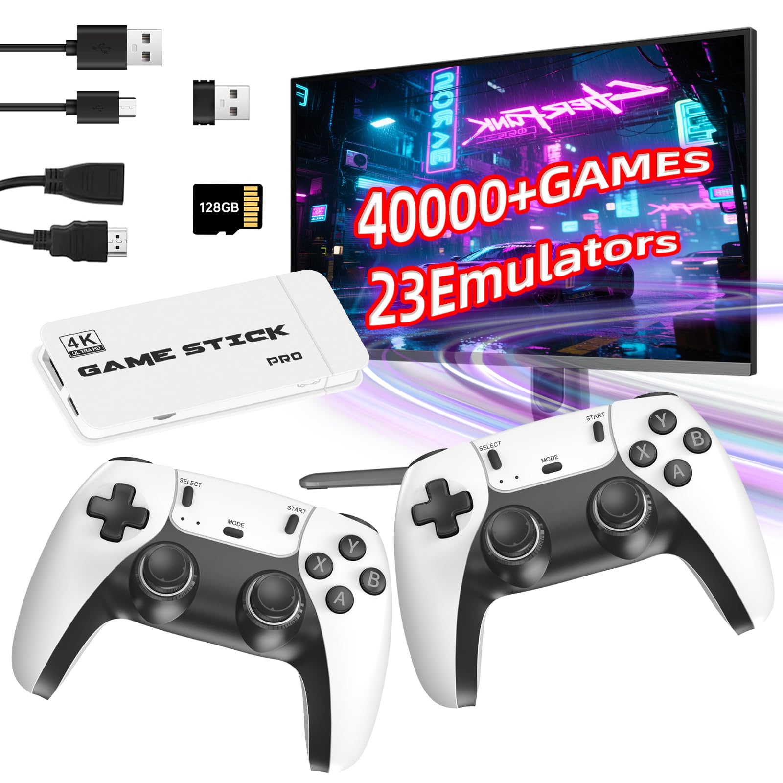 Wireless Retro Game Console, Gaming Stick 4k HDMI Output Built-in 40,000+ Games 23 Emulators, 2.4GHz Wireless Controllers, Plug & Play Video Games with 128G TF Card for TV