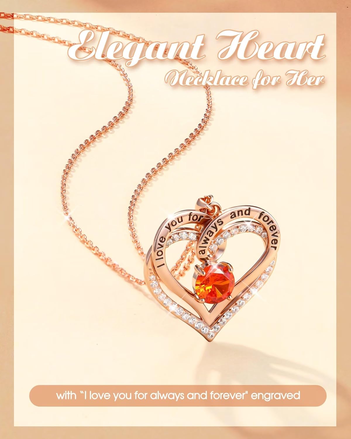 S925 Sterling Silver I Love You Heart Necklace Anniversary Birthday Gift for Women Rose Gold Forever Love Heart Birthstone Pendant for Her Valentines Christmas Gift for Daughter Wife Girlfriend Mom