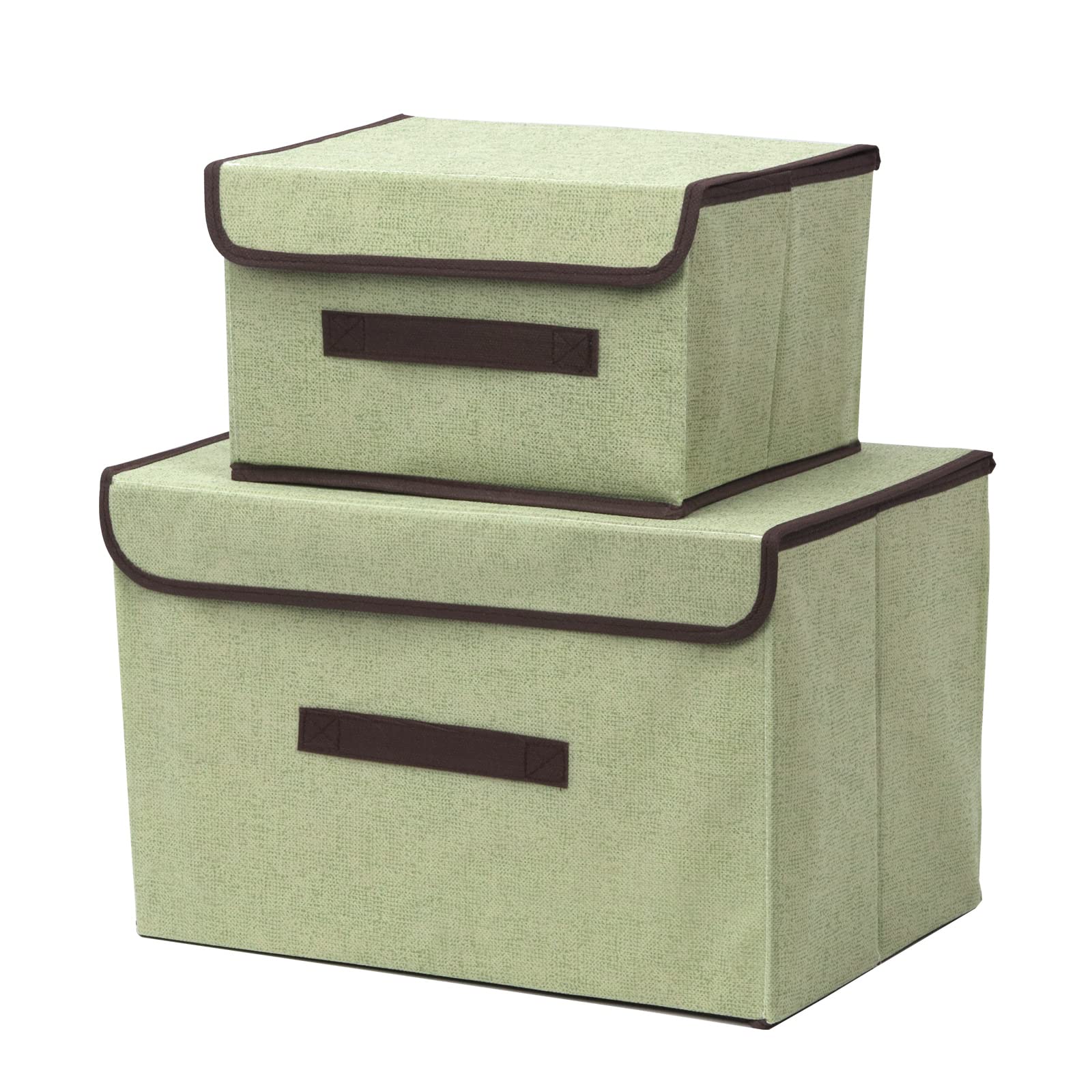 Swpeet 2pcs Green Linen Foldable Storage Bins with Lids Kit, Large Collapsible Fabric Stroage Box, Stackable Storage Containers Closet Organizers for Home Office Storage