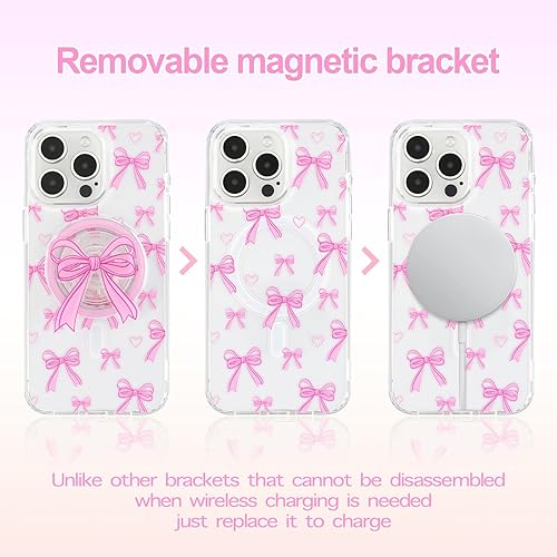 Miniatura 6 de Funda magnética para iPhone 16e, funda magnética 3D rosa con lazo, bonito diseño estético de lazo transparente rosa, funda protectora transparente