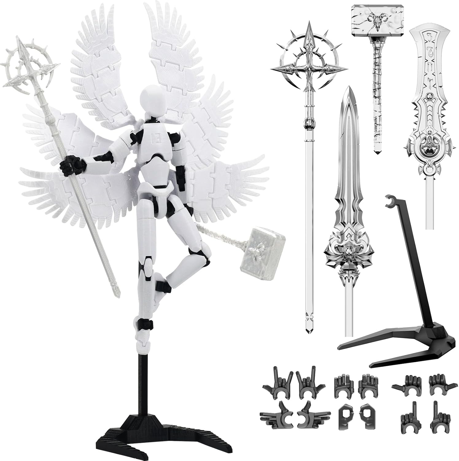 Qoopower (Assembly Completed) 3D Printed Titan 13 Action Figure 5.54-inch T Dummy Lucky Robot 13 Action Figure with 9 Types of Weapons and 5 Types of Hands, (White)